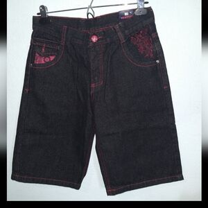 MJ's Black Denim Shorts with Red Stitching
